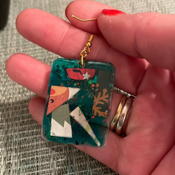 XMAS Handmade Festive Medium Holiday Earrings Green Rectangle - Picture 6 of 10